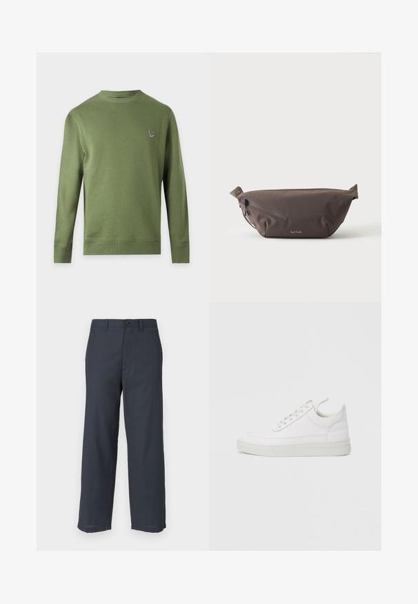 Sweat-shirt uni vert olive à manches longues et col rond avec un petit logo zèbre multicolore sur la poitrine gauche.; Pantalon bleu marine en tissu lisse, présentant une coupe droite, deux poches avant et une fermeture par un seul bouton.; Baskets en cuir blanc avec un embout arrondi, une semelle plate et un laçage à l'avant. Présentent des détails de couture et un col rembourré pour plus de confort.; Sac banane en tissu marron foncé avec poche zippée en diagonale et petit logo blanc sur le devant, sur un fond clair uni.