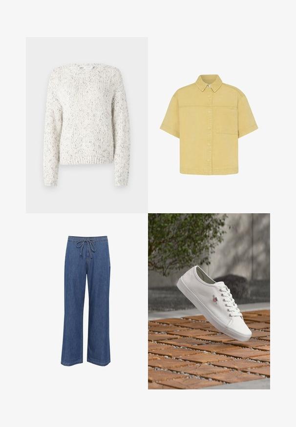 Weißer gestrickter Pullover mit einem strukturierten Muster, weitem Rundhalsausschnitt und langen Ärmeln. Gerippter Saum und Bündchen mit dezenten, mehrfarbigen Sprenkeln.; Beiges Kurzarm-Hemd mit Knöpfen, Kragen und einer einzelnen Brusttasche, aus robustem Stoff gefertigt.; Denim weit geschnittene Hosen mit Kordelzug, in einem mittelblauen Farbton, geradem Schnitt und subtilen Nähdetails.; Weißer Sneaker mit niedriger Höhe, Schnürsenkeln und Logodetail, der über einer Oberfläche aus Holzfliesen und Kies im Außenbereich schwebt.