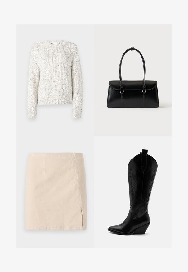 Pull en tricot blanc avec un motif texturé, encolure ronde large et manches longues. Ourlet et poignets côtelés, avec de délicates touches multicolores.; Jupe mini en velours côtelé beige avec une texture à côtes verticales, dotée d'une fente sur le côté pour un détail supplémentaire. L'ourlet est droit et cousu de manière uniforme.; Botte de cowboy en cuir noir avec bout pointu, talon bloc incliné, couture décorative et languettes en haut sur fond blanc.; Sac à main rectangulaire en cuir noir avec fermeture à rabat et deux longues anses sur fond blanc uni.