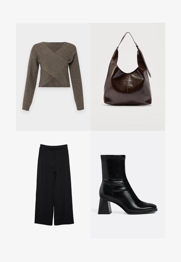 Pull croisé marron avec des manches longues, texture côtelée et décolleté en V profond, fabriqué en matériel en tricot doux. Design court.; Pantalons larges noirs en tissu doux, présentant une taille élastique avec un cordon de serrage et sans motifs ni accents visibles.; Bottine en cuir noir avec talon bloc carré et bout arrondi, vue latérale sur fond clair uni.; Sac à bandoulière en cuir marron foncé brillant avec une seule large sangle et un détail de boucle sur un côté, posé sur un fond clair uni.