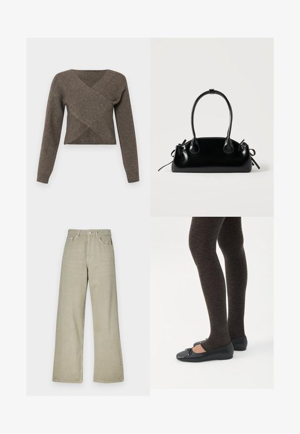 Brun crossover sweater med lange ærmer, ribbet tekstur og dyb v-udskæring, lavet af blødt strikkemateriale. Korte design.; Khaki bredde ben jeans lavet af bomuldsblanding. Har en knaplukning, fem lommer og en ren, struktureret stofoverflade.; Ben iført mørke ribbede leggings kombineret med sorte balletsko med små sløjfedetaljer på hvid baggrund.; Lille sort blank håndtaske med to lange håndtag og snøre-detaljer i siden på en ensfarvet lys baggrund.