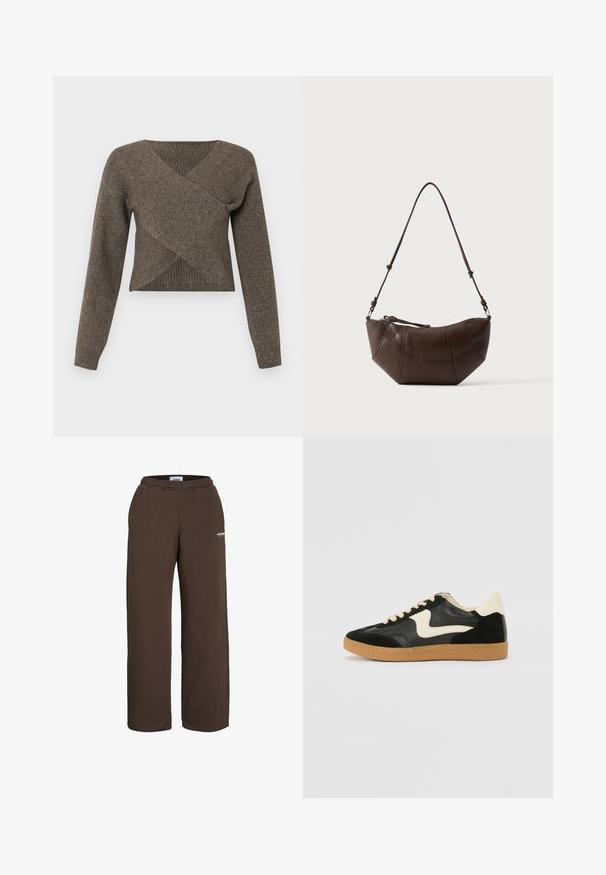 Bruine crossover trui met lange mouwen, geribbeld textuur en een diepe V-hals, gemaakt van zachte gebreide stof. Verkorte design.; Bruine sweatpants met wijde pijpen, elastische tailleband en een klein wit tekstlogo op het bovenbeen, tegen een witte achtergrond.; Zwarte suède en leren sneaker met een crèmekleurige zij-swoosh en lichte crèmekleurige hiel. Voorzien van beige veters en een gumrubberen zool.; Bruine leren schoudertas met een gebogen onderkant en een verstelbare riem tegen een effen lichte achtergrond.