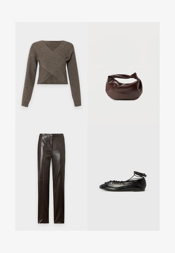 Pull croisé marron avec des manches longues, texture côtelée et décolleté en V profond, fabriqué en matériel en tricot doux. Design court.; Pantalons en cuir marron foncé à jambes droites, avec une finition lisse et de subtiles coutures le long de l'avant.; Ballerines en cuir verni noir avec un bout rond, un design à lacets et une semelle plate. Texture lisse avec peu de détails.; Sac bandoulière en cuir marron foncé avec une forme souple et décontractée et une anse nouée torsadée sur un fond blanc uni.