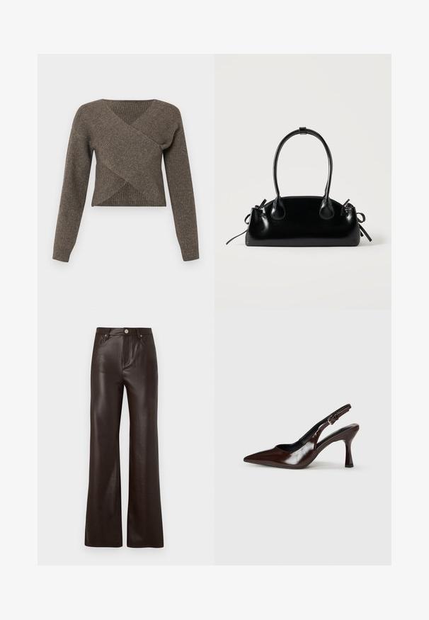 Bruine crossover trui met lange mouwen, geribbeld textuur en een diepe V-hals, gemaakt van zachte gebreide stof. Verkorte design.; Vero Moda Wide-leg VMTESSA High rise - Broek - chocolate torte; Bruine gepatineerde leren slingback pumps met een spitse neus, een dunne hak en een verstelbaar bandje met een kleine gesp.; Kleine zwarte glanzende handtas met twee lange hengsels en zijkant trekkoord details op een effen lichte achtergrond.