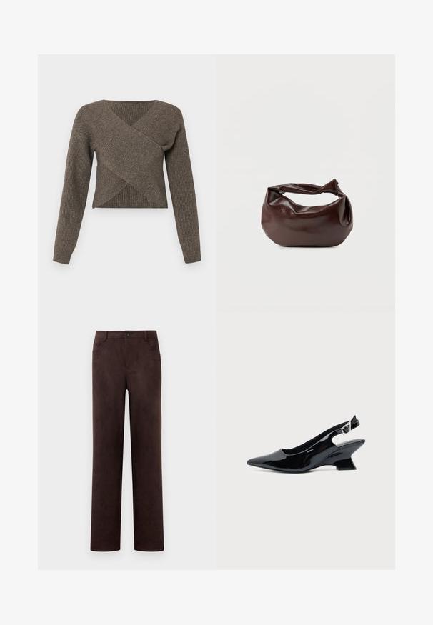 Brun crossover sweater med lange ærmer, ribbet tekstur og dyb v-udskæring, lavet af blødt strikkemateriale. Korte design.; Mørkebrun suedebukser med lige ben, frontknap og lynlås, bæltesløjfer og sidelommer.; Sort laklæder slingback sko med spids tå og lav vinklet blokhæl på ensartet lys baggrund.; Mørkebrun læder skuldertaske med en blød, afslappet form og et snoet knudehåndtag på en ensartet hvid baggrund.