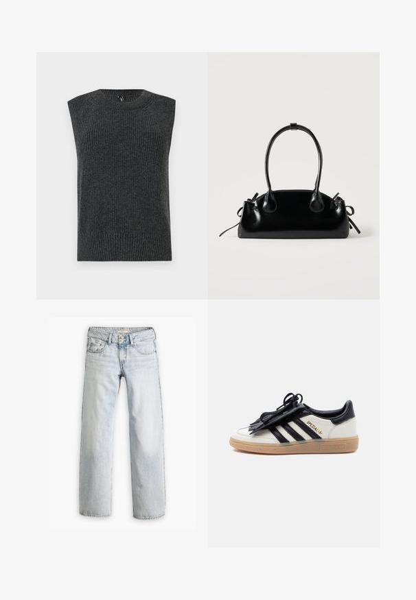 Mørkegrå ærmeløs striktrøje med ribbet tekstur, rund halsudskæring og båndet bundkant. Enkel design uden yderligere mønstre eller detaljer.; Lyseblå denimjeans med en afslappet pasform, høj talje og fem-lomme design. Har syning detaljer og knaplukning.; Hvid og sort Adidas Spezial-sneaker med gummisål, sorte striber og sort snørebåndsdække på en ensartet lys baggrund.; Lille sort blank håndtaske med to lange håndtag og snøre-detaljer i siden på en ensfarvet lys baggrund.
