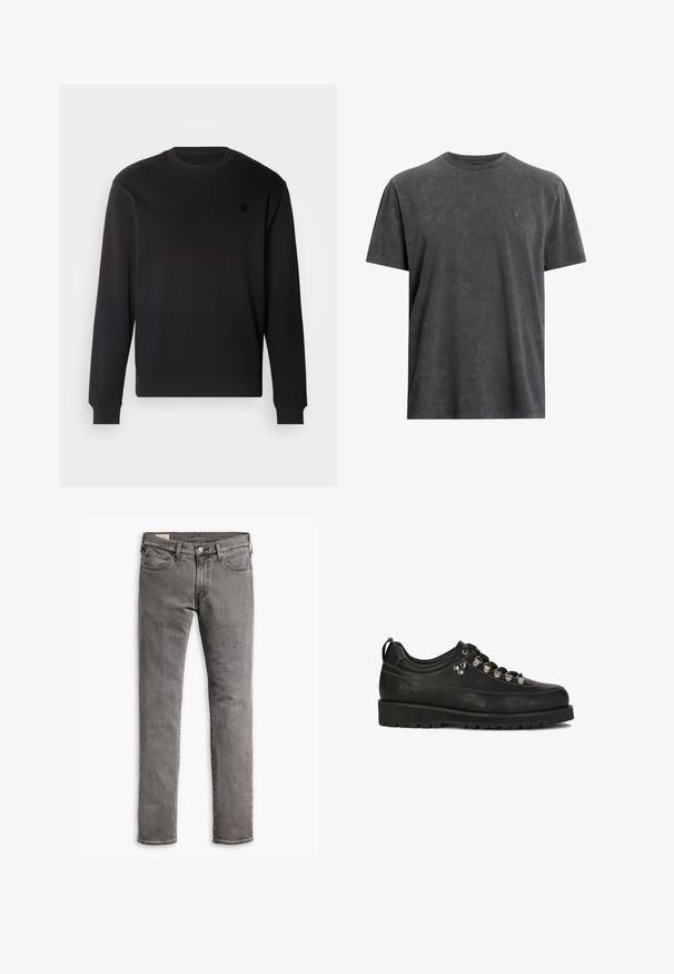Schwarzer Rundhalsausschnitt-Pullover aus weichem Material, mit gerippten Bündchen und Saum sowie einem kleinen schwarzen Logo-Patch auf der Brust.; Graues, kurzärmliges T-Shirt aus einem weichen, abgenutzten Material. Es hat einen Rundhalsausschnitt und ein kleines, kontrastierendes Logo auf der Brust.; Graue Denim-Jeans mit schmaler Passform, Fünf-Taschen-Design und einem dezenten verwaschenen Look. Mit Knopfverschluss und Gürtelschlaufen.; Kazar Studio KS BLAISE - Sportlicher Schnürer - black