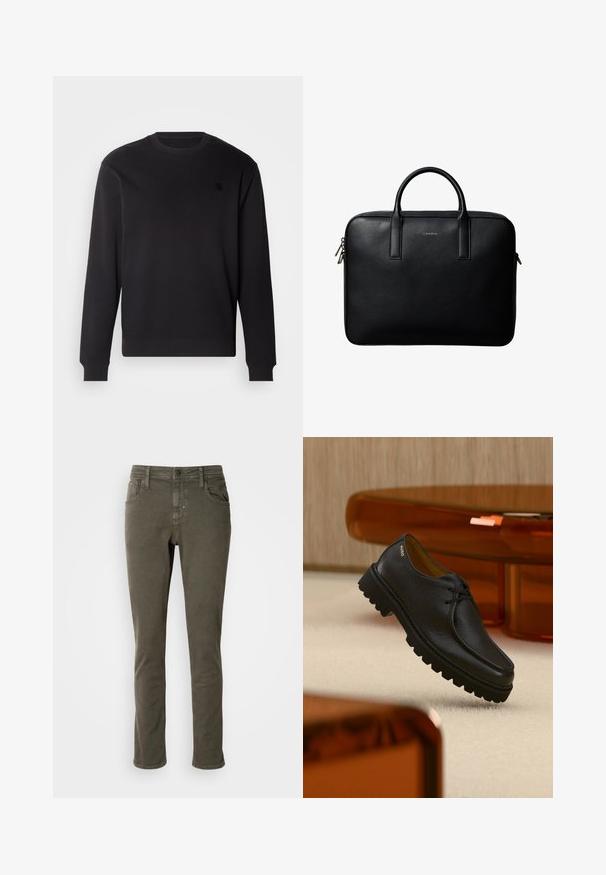 Zwarte sweatshirt met ronde hals, gemaakt van zachte stof, met ribgebreide boorden en zoom, en een klein zwart logo-patch op de borst.; Antony Morato KURT COMFORT - Jeans Tapered Fit - dark olive; Zwart gestructureerd leren veterschoen met dikke geribbelde zool, voorzien van het merk "HUGO" vlak bij de hiel, weergegeven tegen een beige tapijt en amberkleurig meubilair.; Zwarte gestructureerde leren aktetas met dubbele handvatten en zilveren ritstrekkers, gecentreerd op een witte achtergrond.