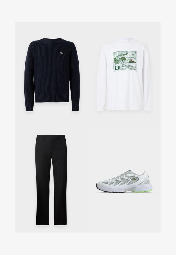 Pull en tricot bleu marine avec une texture côtelée, encolure ronde et manches longues. Présente un petit logo vert dans le coin supérieur gauche du dos.; T-shirt blanc à manches longues avec un crocodile vert et le texte "LACOSTE," sur un fond à motif de grille. Fait en coton, texture lisse.; Pantalons noirs ajustés avec une coupe droite, fabriqués à partir d'un tissu lisse. Caractéristiques : devant plat et taille mi-haute.; Baskets de sport blanches et grises avec des touches vertes et un logo, panneaux en mesh et une semelle épaisse et rembourrée, vues de côté sur un fond uni.