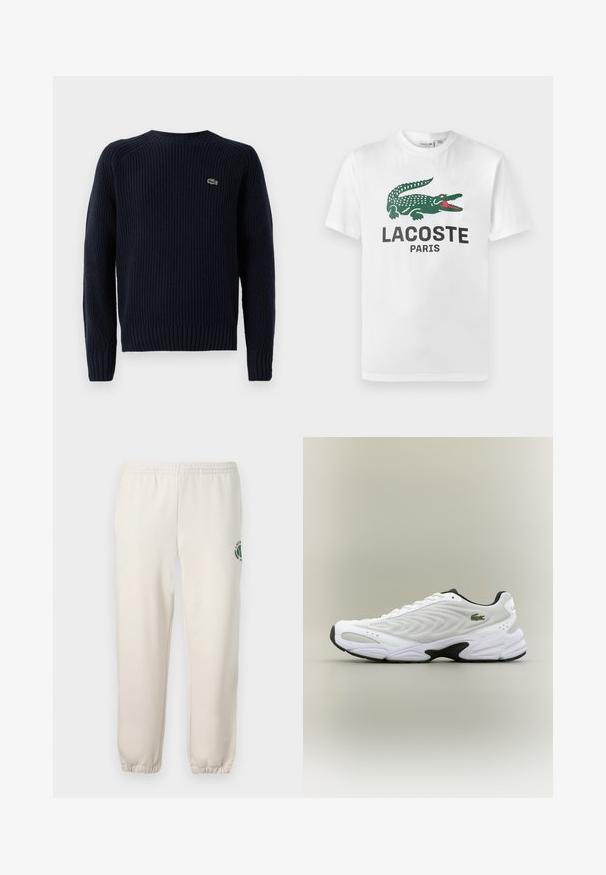 Námornícky modrý pletený sveter s rebrovanou textúrou, okrúhlym výstrihom a dlhými rukávmi. Na hornej ľavej zadnej strane sa nachádza malá zelená logo.; Lacoste Tričko s potlačou - white; Svetlo béžové tepláky z bavlny s elastickým pásom, rebrovanými manžetami a zeleným logom s dizajnom listu na ľavej nohe.; Biele atletické tenisky s textúrovaným sieťovinovým zvrškom, zakriveným dizajnom a kontrastnou čiernou podrážkou. S greennou vyšívanou nášivkou na boku.