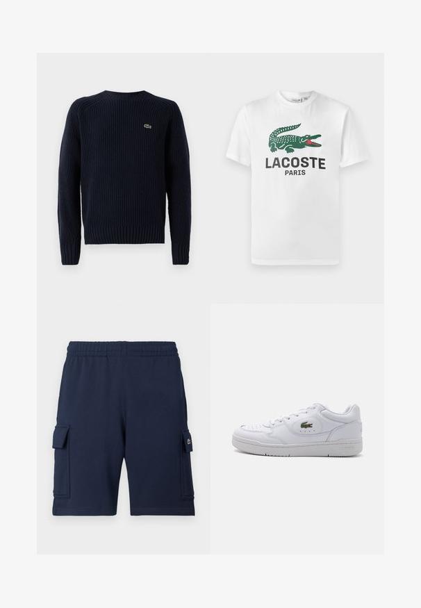 Mørkeblå strikket sweater med ribbet tekstur, rund hals og langærmer. Har et lille grønt logo på den øverste venstre ryg.; Lacoste T-shirts print - white; Marineblå cargoshorts lavet af blødt stof, med elastisk taljebånd, to sidelommer og et lille logo på venstre lomme.; Hvide lædersneakers med perforeret tå og et grønt krokodillelogo på ydersiden. Har flad sål og snørebåndsdesign.
