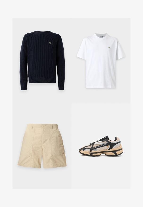 Pull en tricot bleu marine avec une texture côtelée, encolure ronde et manches longues. Présente un petit logo vert dans le coin supérieur gauche du dos.; T-shirt blanc uni à manches courtes avec col rond et petit logo crocodile vert sur la poitrine gauche.; Shorts beiges avec une finition texturée, dotés d'une fermeture à bouton à l'avant, de deux poches latérales et d'un petit logo en bas à droite.; Baskets Lacoste en noir, beige et argent. Comprend des matériaux en maille et synthétiques, un bout arrondi, des lacets et une semelle en caoutchouc texturée.