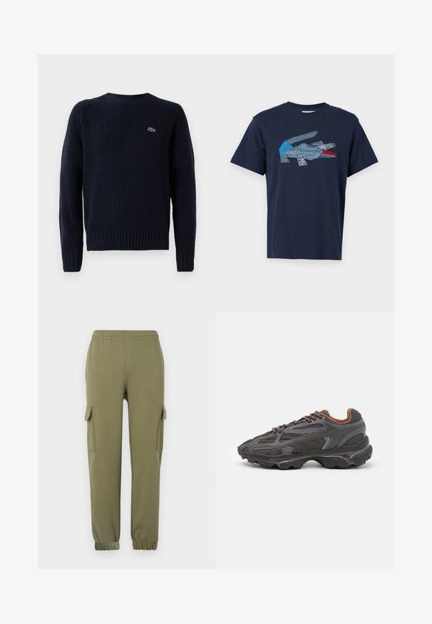 Mørkeblå strikket sweater med ribbet tekstur, rund hals og langærmer. Har et lille grønt logo på den øverste venstre ryg.; Lacoste T-shirts print - dark blue; Cargo bukser i olivengrønt letvægtsstof, med sidelommer, elastisk talje og taperede manchetter for en tætsiddende pasform.; Lacoste sneakers i mørkegrå med mesh og syntetisk materiale, udstyret med en tekstureret sål og brune accenter på kraven og brandingen.