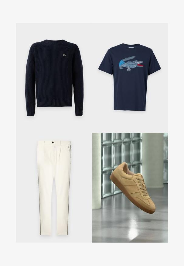 Pull en tricot bleu marine avec une texture côtelée, encolure ronde et manches longues. Présente un petit logo vert dans le coin supérieur gauche du dos.; Lacoste T-shirt imprimé - dark blue; Pantalon à rayures blanches avec une coupe décontractée, doté d'une bande latérale noire, d'une fermeture à boutons et de plis à l'avant pour un détail de design supplémentaire.; Baskets beiges en daim avec semelle en gomme, design à lacets, flottant à l'intérieur sur un sol en béton poli près d'un mur en blocs de verre.