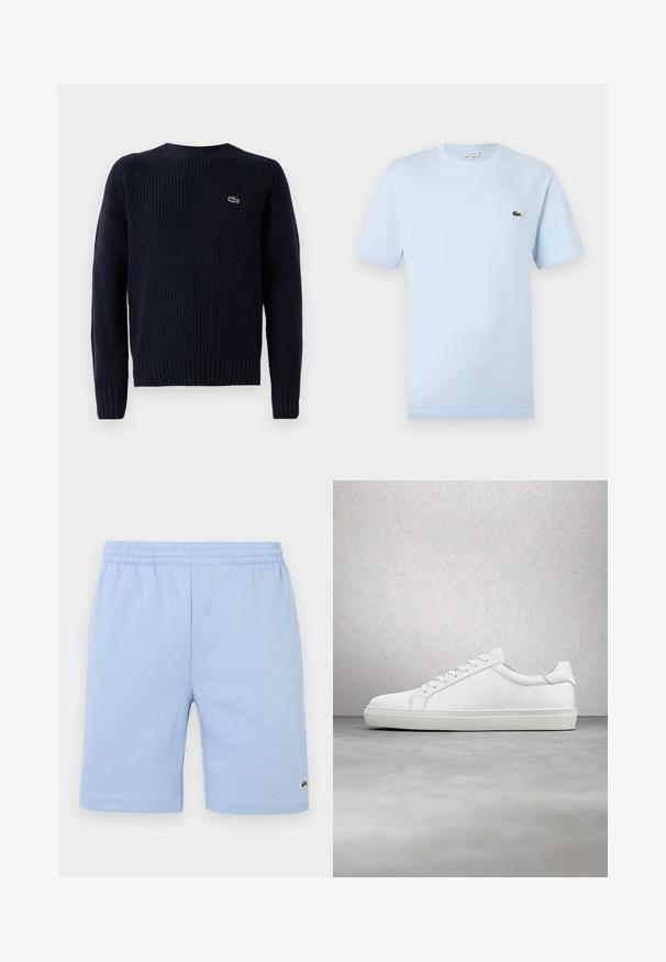 Pull en tricot bleu marine avec une texture côtelée, encolure ronde et manches longues. Présente un petit logo vert dans le coin supérieur gauche du dos.; T-shirt à manches courtes bleu clair en coton doux. Présente un petit logo de crocodile brodé en vert sur la poitrine.; Shorts en coton bleu clair avec une taille élastique, ornés d'un petit logo crocodile vert brodé sur la partie inférieure de la jambe droite.; Sneaker blanche avec une tige en cuir lisse et un profil bas. Présente un bout arrondi, six œillets et une semelle en caoutchouc texturé.