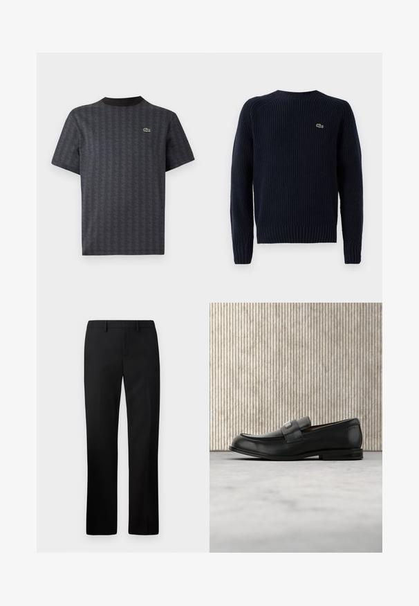 Mørkeblå strikket sweater med ribbet tekstur, rund hals og langærmer. Har et lille grønt logo på den øverste venstre ryg.; Sort kortærmet t-shirt med et geometrisk mønster og et grønt krokodille-logo, med en ensfarvet sort rund hals.; Sorte skræddersyede bukser med lige ben-design, lavet af glat stof. Funktioner inkluderer en flad front og mid-rise talje.; Sort læderloafer med metalbrandskilt hvilende nær et brunt rundt bord på beige tæppe.