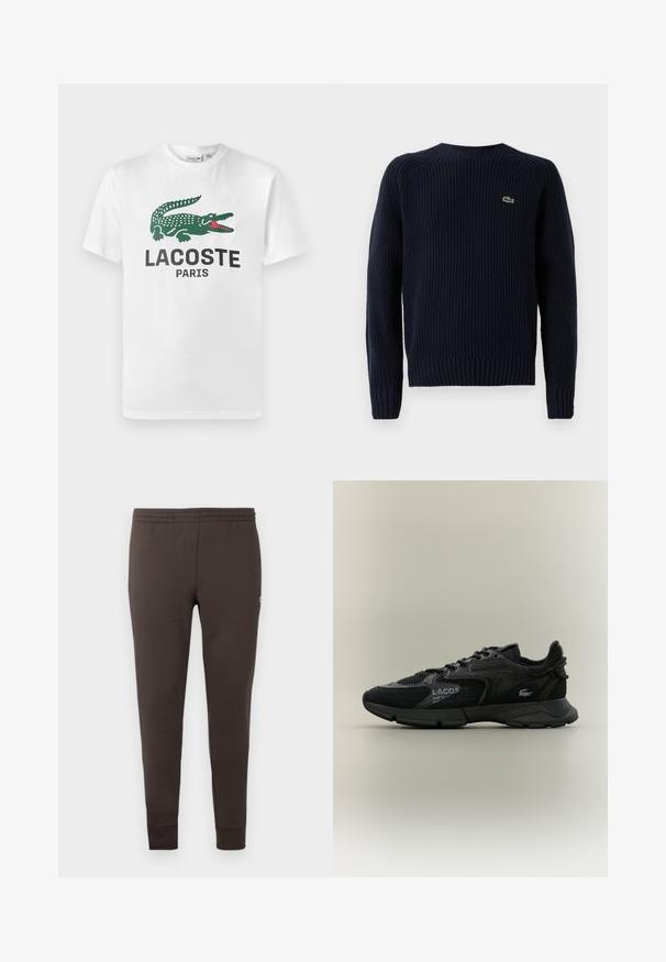 Námornícky modrý pletený sveter s rebrovanou textúrou, okrúhlym výstrihom a dlhými rukávmi. Na hornej ľavej zadnej strane sa nachádza malá zelená logo.; Lacoste Tričko s potlačou - white; Tmavohnedé tepláky vyrobené z mäkkej látky. Obsahujú elastický pás a zúžené manžety. Minimalistický dizajn bez vzorov.; Čierne tenisky Lacoste s panelmi z elastickej sieťoviny a semišu, čiernou podrážkou, šnúrkami, logom a textom s údajmi na boku na jednofarebnom béžovom pozadí.