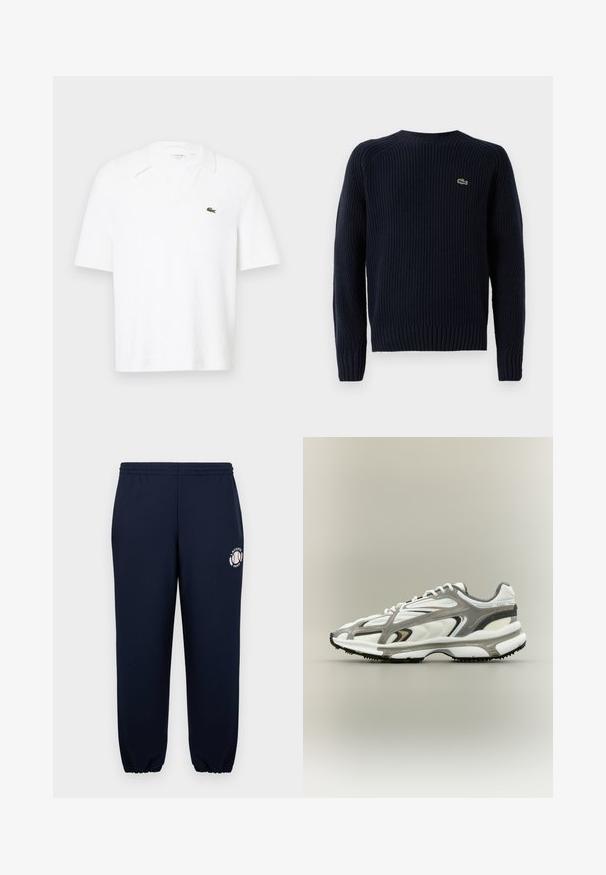 Pull en tricot bleu marine avec une texture côtelée, encolure ronde et manches longues. Présente un petit logo vert dans le coin supérieur gauche du dos.; Polo shirt blanc à manches courtes en tissu texturé. Présente un col en V et un petit logo vert sur la poitrine gauche.; Pantalon de survêtement bleu marine en coton doux avec des poignets et une ceinture élastiques. Arborant un logo blanc Lacoste Paris sur la jambe gauche.; Chaussure de sport avec une tige en mesh blanc, des accents gris, une semelle en caoutchouc noire et un design épuré. Elle présente des lacets et des détails texturés.