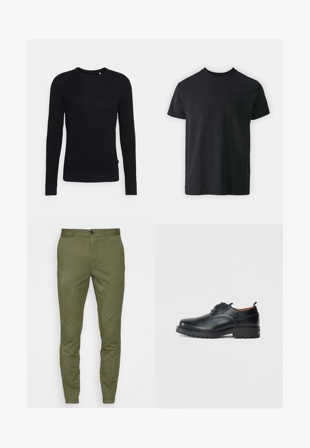 Zwarte lange mouwen sweater met een gestructureerd breipatroon. Heeft een ronde halslijn en geribbelde manchetten en onderrand. Eenvoudige en minimalistische stijl.; Zwart katoenen T-shirt met korte mouwen, ronde hals en een relaxte pasvorm. Glad textuur en rechte zoom, geen zichtbare graphics of patronen.; Olijfgroene chino's met een slim-fit ontwerp, voorzien van een voorste knoopsluiting, ceintuurlussen en een gladde, middelzware stoftextuur.; Zwarte leren derby schoenen met een gladde textuur, ronde neus, vetersluiting en een dikke, robuuste rubberen zool.