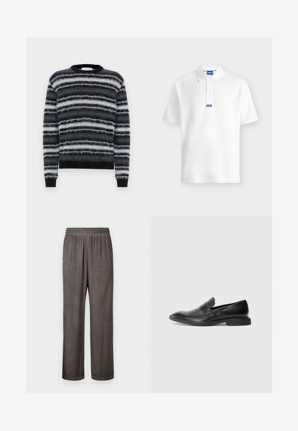 Pull duveteux à rayures noires et grises avec un col rond et des poignets côtelés, présentant des rayures horizontales gris clair et blanches sur toute la surface.; Polo blanc à manches courtes avec col et boutons, comportant une étiquette logo "HUGO" bleue sur le col et la patte de boutonnage.; Pantalon ample en daim gris foncé avec une ceinture élastique et des poches latérales, présenté à plat sur un fond blanc.; Mocassins en cuir noir avec une texture lisse, un nez pointu et un petit talon rectangulaire. Présente un détail de bande horizontale sur le dessus.