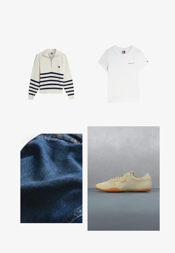 Cremefarbener Strickpullover mit Viertelreißverschluss, marineblaue horizontale Streifen am Körper und an den Ärmeln sowie einem kleinen Logopatch auf der linken Brust.; Weißes T-Shirt mit kurzen Ärmeln und Rundhalsausschnitt, vorne links auf der Brust mit dem Schriftzug "tommy jeans" und einem kleinen roten Stern sowie einem kleinen Flaggen-Logo am linken Ärmel.; Denimstoff in Dunkelblau mit glatter Textur, feinen Webvariationen und kontrastierenden Nähten.; Beiger Schnürsneaker mit orangefarbener Sohle, der über hölzernen Fliesen im Freien schwebt, im Hintergrund eine Blattpflanze und eine Steinmauer.