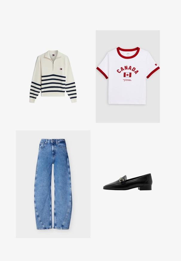 Kremstrikket pullover med kvart lynlås, marineblå vandrette striber på krop og ærmer og et lille logo på venstre bryst.; Hvid kortærmet skjorte med rød kant, "CANADA" tekst, canadisk flag og "Levi Strauss California" logo foran.; Blå højttaljede denimjeans med vide ben, forlommer, bæltestropper og knaplukning, vist på en hvid baggrund.; Sorte læder loafers med spidse tå, lille blokhæl og guldfarvet hardware detaljer foran. Glat tekstur og minimalistisk design.