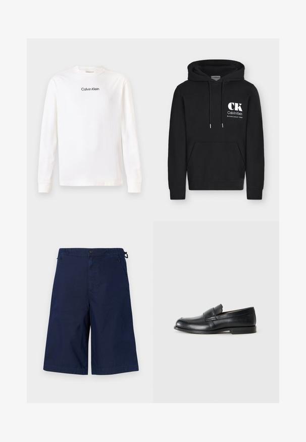 Sort hættetrøje med frontlomme og hvidt "CK Calvin Klein Established 1968"-logo på brystet, med snore i hætten.; Hvid langærmet t-shirt med rund hals, hvor "Calvin Klein" logoet er trykt i sort centreret på brystet.; Marineblå knælange shorts med lynlåslommer foran, knaplukning og justerbar snor i taljen på en ensfarvet hvid baggrund.; Sorte læder loafers med rund tå, syet detaljer og en flad gummisål. Har en bred rem over vristen.