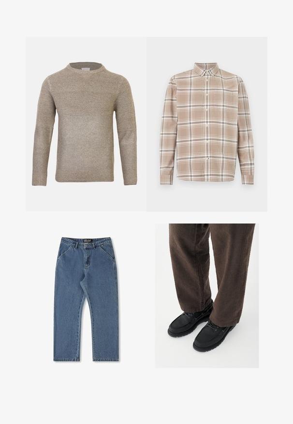 Beige strikket sweater med rund hals, der har et tekstureret mønster på den øverste del og en glat overflade på den nederste del.; Beige ternet skjorte med knapper, lange ærmer, knappet krave og brystlomme på hvid baggrund.; Blå denimjeans med lige ben, medium talje og klassisk fem-lommer stil. Har subtil falming og syede detaljer.; Sorte lædersko med glat finish, rundet tå og snøredesign, kombineret med teksturerede brune bukser. Set fra gulvniveau.