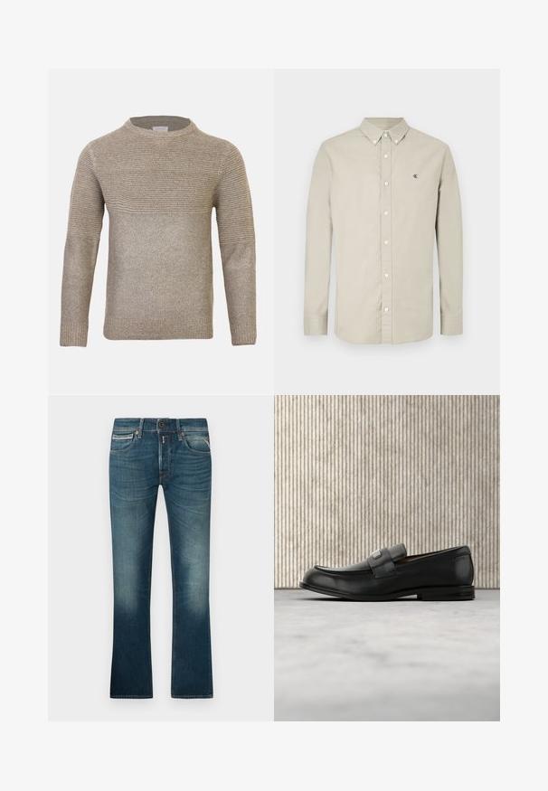 Beige strikket sweater med rund hals, der har et tekstureret mønster på den øverste del og en glat overflade på den nederste del.; Lysebeige skjorte med knapper, lange ærmer, krave og et CK-logo broderet på brystet. Glat stof med klassisk design.; Blå denim jeans med en falmet vask, der har fem lommer, lynlåslukning og lige ben-design. Syede sømme i kontrasttråd.; Sort læderloafer med metalbrandskilt hvilende nær et brunt rundt bord på beige tæppe.