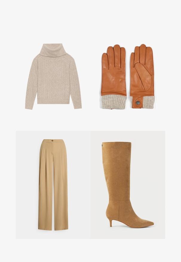Beige kabel gebreid coltrui met ruit- en vlechtpatronen, lange mouwen en ribgebreide manchetten en zoom.; Beige brede broekspijpen gemaakt van gladde stof. Voorzien van een knoopsluiting, plooien aan de voorkant en een ontspannen pasvorm met een rechte silhouet.; Lauren Ralph Lauren MCKAY SUEDE TALL BOOT HEEL - Laarzen - camel; Bruine leren handschoenen met geribbelde beige gebreide manchetten. Heeft een knoopaccent, een zachte textuur en een unieke duimontwerp voor gemakkelijk aan- en uittrekken.