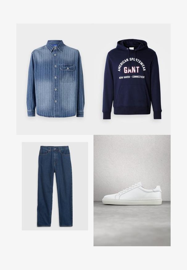 Sudadera de color azul marino con un bolsillo canguro, capucha con cordón y texto gráfico blanco que dice "American Sportswear GANT New Haven - Connecticut."; Camisa de mezclilla con rayas verticales en azul claro, cuello clásico, cierre de botones, bolsillo en el pecho izquierdo y mangas largas con puños abotonados.; Jeans de mezclilla en azul oscuro con corte recto, presentan un diseño de cinco bolsillos, botón superior y acentos de remaches de cobre.; Zapatilla blanca con parte superior de cuero liso y perfil bajo. Presenta una puntera redondeada, seis ojales y una suela de goma texturizada.