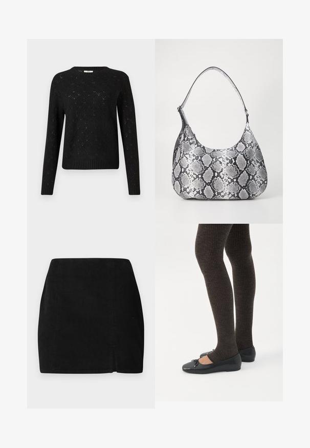 Sort strikket sweater med diamantmønster, ribbet kant og lange ærmer. Fremstillet af let materiale med rund halsudskæring.; Sort kordfløjlskørt med lige snit, en lille frontslids og tekstureret stof. Ingen synlige detaljer eller hardware.; Ben iført mørke ribbede leggings kombineret med sorte balletsko med små sløjfedetaljer på hvid baggrund.; Sort-hvid slangemønster skuldertaske med en rund form, glat tekstur og en buet rem. Har et sølvfarvet hardware-accents.