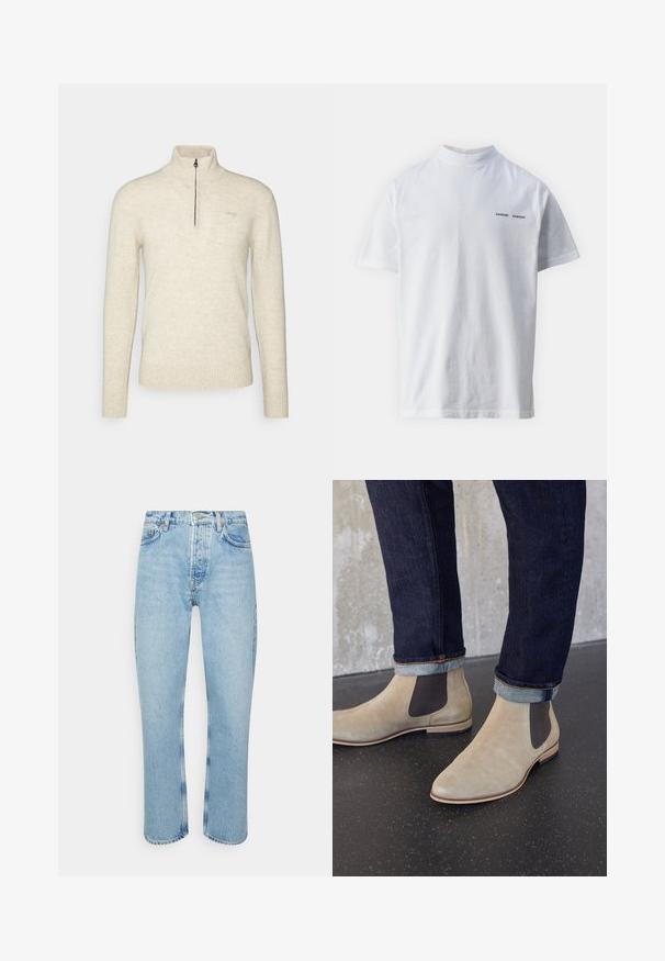 Schott PLLANCE - Fleecetrøjer - heather off white; Hvid bomulds t-shirt med høj halsudskæring og korte ærmer. Har "SAMSØE SAMSØE" logo i sort på forsiden. Glat tekstur.; Lyseblå denimjeans med lige snit, høj talje, fem-lomme design og synlige strikdetaljer ved sømmene og sømmen.; Lyse beige ruskind Chelsea-støvler med mørke elastiske sidepaneler, båret med mørke op rullede denimjeans på sort plettet gulv.