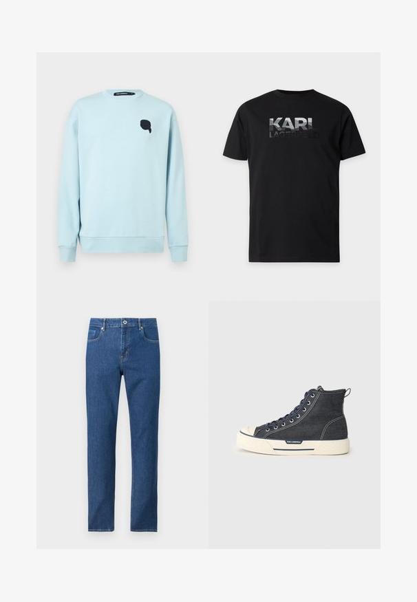 Hellblaues Sweatshirt mit Rundhalsausschnitt und langen Ärmeln, mit kleinem schwarzem Grafik-Emblem auf der linken Brustseite sowie gerippten Bündchen und Saum.; Schwarzes T-Shirt mit kurzen Ärmeln und silber-schwarzem "KARL LAGERFELD"-Logo auf der Brust bedruckt.; Blaue Jeans mit geradem Bein, vorn mit Knopf und Reißverschluss, vorne und hinten Taschen, auf weißem Hintergrund dargestellt.; Hochschnittige Sneaker aus dunklem Denim mit einer cremefarbenen Gummisohle, ausgestattet mit marineblauen Schnürsenkeln und einer Zuglasche an der Rückseite. Logo an der Seite.