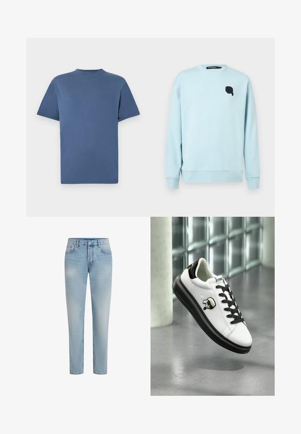Sudadera de manga larga y cuello redondo de color azul claro con un pequeño emblema gráfico negro en el pecho izquierdo y puños y dobladillo acanalados.; Camiseta azul de manga corta con cuello redondo, diseño sencillo y color sólido, mostrada plana sobre fondo blanco.; Vaqueros de mezclilla azul claro con corte recto, con cierre de cremallera, botón, cinco bolsillos y un desvanecimiento sutil en toda la tela.; Zapatilla de cuero blanca con acentos negros, punta redonda, cordones negros y un logotipo de dibujos animados en el lateral. Textura suave, suela de perfil bajo.