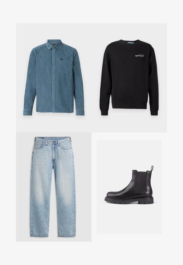 Musta crewneck-collegepaita, joka on valmistettu puuvillasekoitteesta. Varustettu ribbineuleilla hihoissa ja helmassa, sekä "Replay Denim Co. Since 1991" -kirjailulla rinnassa.; Pitkähihaiseen siniseen corduroy-paitaan kuuluu napillinen kaulus, etutasku ja hillitty brändäys taskussa.; Vaaleansiniset suorat farkut viidellä taskulla, metallinapilla kiinnitys ja haalistuneet yksityiskohdat reidissä ja polvissa, asetettuna tasaisesti valkoista taustaa vasten.; Mustat nahkaiset Chelsea-saappaat, joissa on joustava sivupaneeli, pyöreä kärki ja teksturoitu kumipohja. Varressa on vetolenkit, jotka helpottavat pukemista.
