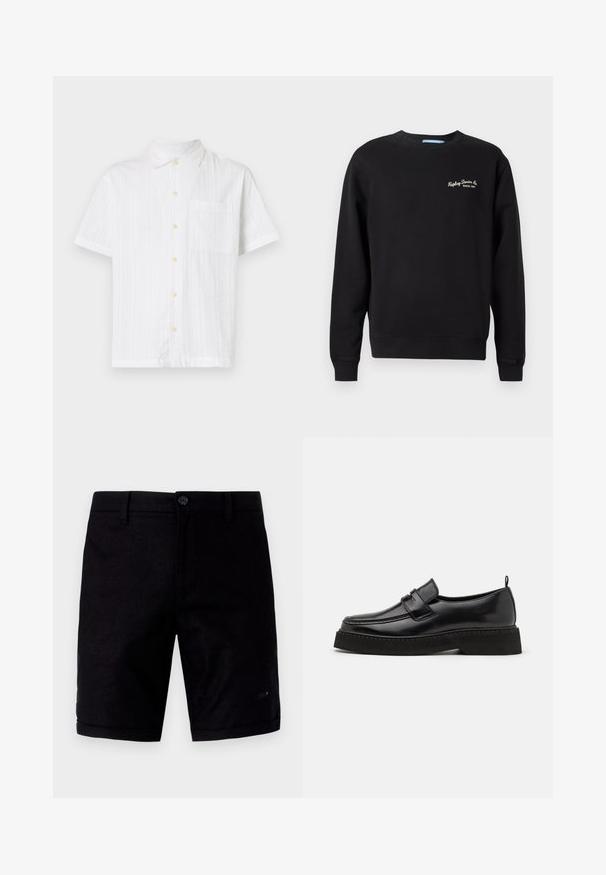 Zwarte crewneck sweatshirt gemaakt van een katoenmix. Voorzien van ribgebreide manchetten en onderrand, met "Replay Denim Co. Since 1991" geborduurd op de borst.; Witte short-sleeve shirt met een knoopsluiting aan de voorkant, voorzien van een enkele zak, gestructureerde stof en lichtgele knopen.; Zwarte shorts met een gladde textuur, voorzien van een knoopsluiting, traditionele zakken en opgerolde mouwen. Gemaakt van lichtgewicht stof.; Zwarte leren instapschoenen in loafer-stijl, met een vlakke, gestructureerde zool, voorzien van een gestikte neus en een band over de wreef.