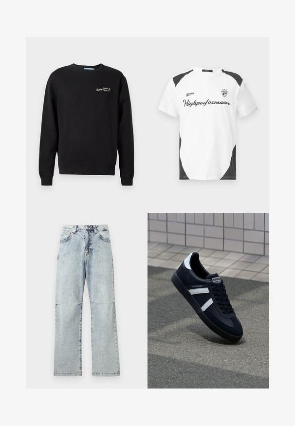 Musthave mustress, mis kaameliteest valmistatud. Omab soonikuga mansette ja hemmi, ning rinnal on brodeeritud tekst "Replay Denim Co. Since 1991".; Valge lühikeste varrukatega t-särk mustade aktsentidega. Omab "REPLAY FC" logo ja "Highperformance" teksti sportlikus kirjas. Valmistatud siledast materjalist.; Heledsinised teksapüksid mugava lõikega, pleekinud tekstuuriga, viie taskuga ja nööbilukuga vööl. Lamedad õmblused ja laiad sääred.; Must have musta sneaker musta valgete triipudega, tekstuurne kummitald ja nööridega esiosa. Omab bränditud märki keele peal.