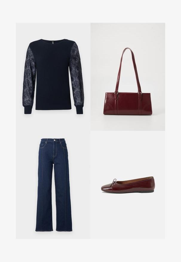Marineblå striktrøje med gennemsigtigt blomsterlacemateriale på lange ærmer og ribbede manchetter, rund hals og lige kant.; Mørkeblåt denim brede ben jeans med fremtrædende syninger, høj talje og fem lommer. Har en front lukning med knap og lynlås.; Bordeaux patentlæder balletflad med rund tå, lille sløjfeaccent foran og en lav, sort gummisål. Glat tekstur.; Bordeaux håndtaske lavet af glansfuldt materiale, rektangulær form, med to skulderremme og subtile buede detaljer på forsiden.