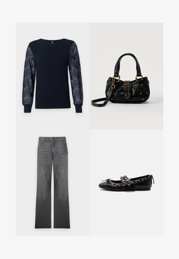 Pull en tricot bleu marine avec des manches longues en dentelle florale transparente et des poignets côtelés, col rond et ourlet droit.; Jean en denim gris à jambes larges avec un lavage moyen, présentant un design à cinq poches, une fermeture à bouton sur le devant et des détails de couture subtils.; Chaussure de ballet plate noire avec doubles brides à boucle, œillets argentés et petit nœud près de l’orteil arrondi sur fond blanc.; Sac à main en cuir noir avec boucle dorée et détails à rivets, poignées courtes et bandoulière réglable sur fond blanc uni.