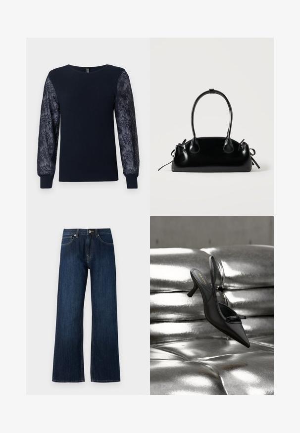 Pull en tricot bleu marine avec des manches longues en dentelle florale transparente et des poignets côtelés, col rond et ourlet droit.; Jeans en denim bleu foncé à jambe large, avec une fermeture éclair, un bouton, et deux poches avant avec des coutures contrastantes.; Chaussure à talon noire à bout pointu et bride arrière, avec un petit nœud, reposant sur un revêtement en cuir argenté brillant matelassé.; Petit sac à main noir brillant avec deux longues anses et des détails à cordon sur les côtés sur un fond clair uni.