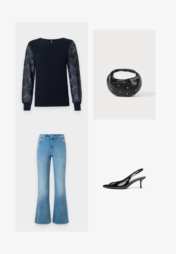 Pull en tricot bleu marine avec des manches longues en dentelle florale transparente et des poignets côtelés, col rond et ourlet droit.; Jean flare en denim bleu clair avec poches avant, passants de ceinture et fermeture à bouton sur un fond blanc.; Escarpins slingback en cuir verni noir avec un bout pointu et une finition brillante. Présente un talon fin et un accent arrondi au dessus du pied.; Sac à main en cuir noir de forme arrondie, décoré de clous argentés et équipé d'une poignée courte. Texture lisse et fermeture éclair.