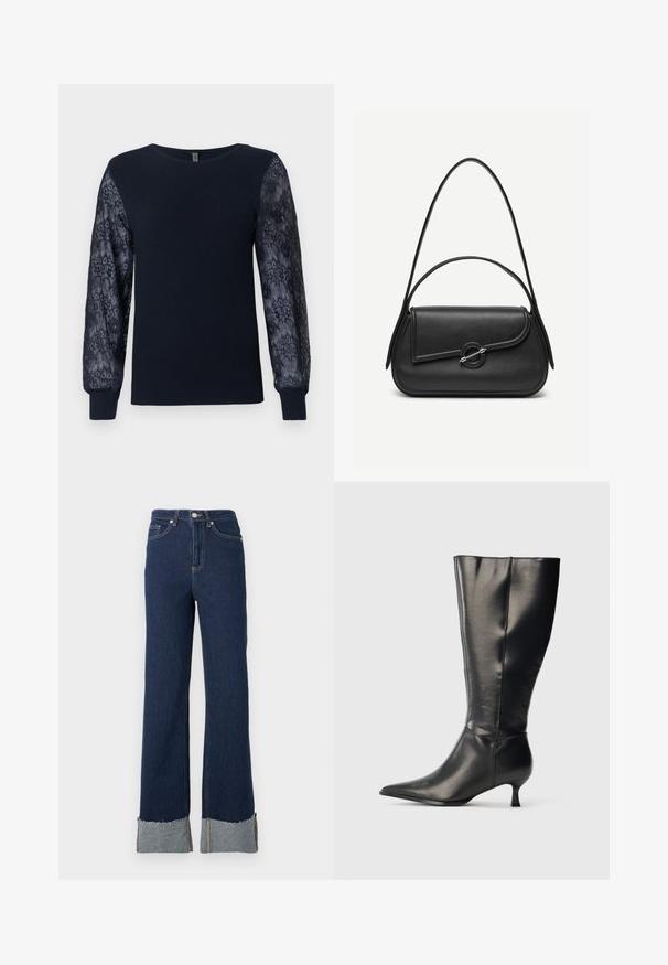 Marineblå striktrøje med gennemsigtigt blomsterlacemateriale på lange ærmer og ribbede manchetter, rund hals og lige kant.; Mørkeblå denim flare jeans med høj talje, med rå kant og lettere denimopstykkede detaljer ved anklerne. Sølvknaplukning.; Sort knæhøj læderstøvle med spids tå og lav kittenhæl, vist på en enkel lys baggrund.; Sort læderhåndtaske med afrundede kanter, asymmetrisk klap, metalcirkulært spænde samt både korte og lange skulderstropper.