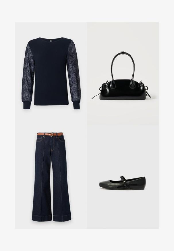 Suéter de punto azul marino con mangas largas de encaje floral transparente y puños acanalados, cuello redondo y dobladillo recto.; Jeans de mezclilla de un azul oscuro, de pierna ancha y con una cintura alta, cinturón marrón y detalles de costura visibles. Incluye bolsillos delanteros y un ajuste relajado.; Bailarinas de cuero negro con punta redondeada, suela plana y una delgada correa ajustable en el empeine que cuenta con una hebilla de metal.; Pequeño bolso negro brillante con dos asas largas y detalles de cordón lateral sobre un fondo claro liso.