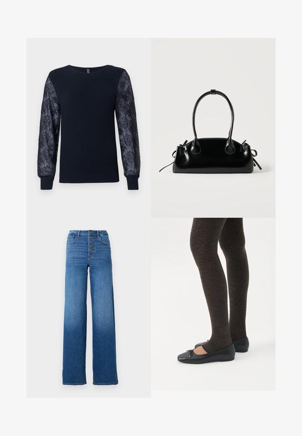 Marineblå striktrøje med gennemsigtigt blomsterlacemateriale på lange ærmer og ribbede manchetter, rund hals og lige kant.; Vidde denim jeans i blå med høj talje og fem knaplukninger. Har klassisk syning og en ren kant.; Ben iført mørke ribbede leggings kombineret med sorte balletsko med små sløjfedetaljer på hvid baggrund.; Lille sort blank håndtaske med to lange håndtag og snøre-detaljer i siden på en ensfarvet lys baggrund.
