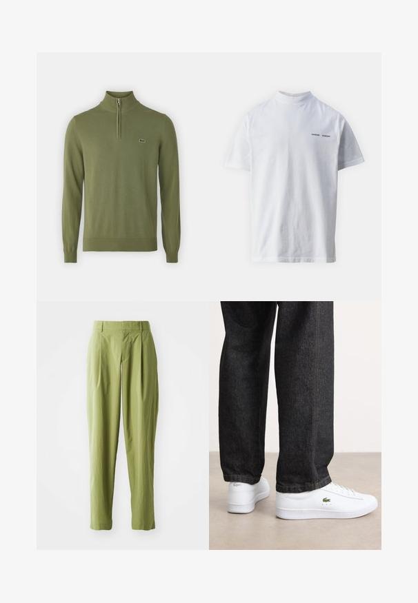 Olijfgroen pullovertrui van zachte stof, met een kwart rits, ribgebreide manchetten en zoom, en een klein logo op de borst.; Witte katoenen t-shirt met een hoge hals en korte mouwen. Voorzien van het 'SAMSØE SAMSØE' logo in het zwart op de voorkant. Glad van textuur.; Lichtgroene broek van een gestructureerde stof, met een rechte pasvorm, plooien aan de voorkant en een standaard tailleband.; Witte leren sneakers met een laag profiel en een groen logo, gecombineerd met donkere spijkerbroek met gele stiksels.