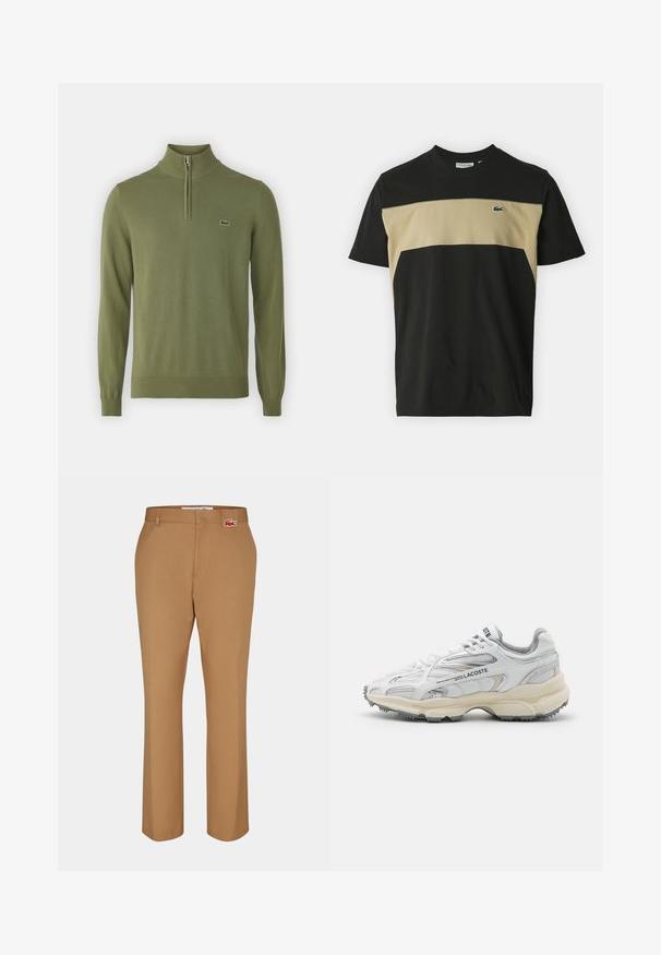 Olivengrøn pullover trøje lavet af blødt stof, med en kvart lynlås ved halsen, ribbede manchetter og kant, samt et lille logo på brystet.; T-shirt med rund hals, der har en sort krop og en beige vandret panel. Lavet af bomuld med et lille grønt logo på brystet.; Brune bukser lavet af glat stof. Lige ben-design med en forlommer og et lille rødt Lacoste-logo-patch tæt på taljen.; Hvide sportssko med grå detaljer, overdel i mesh og syntetiske materialer, snørebåndsdesign og tekstureret gummisål med grebemønstre.
