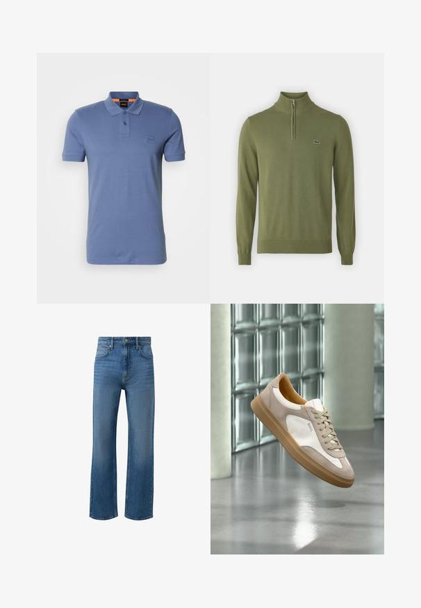 Olijfgroen pullovertrui van zachte stof, met een kwart rits, ribgebreide manchetten en zoom, en een klein logo op de borst.; Blauwe katoenen poloshirt met een klassieke kraag, een knoopsluiting met twee knopen en een klein logo-embleem op de borst. Korte mouwen en een standaard pasvorm.; Blauwe rechte spijkerbroek met hoge taille, een knoop en ritssluiting aan de voorkant en een ontwerp met vijf zakken op een witte achtergrond.; Beige en witte sneaker met lichtbruine zool en "BOSS"-logo, zwevend boven een reflecterende gladde vloer met glazen blokkenmuur op de achtergrond.