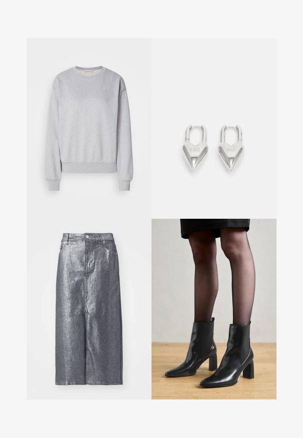 Grå bomulds sweatshirt med lange ærmer, rund halsudskæring, ribbede manchetter og kant, der har et diskret broderet logo på brystet.; Sølvmetallic denimnederdel, knælængde, med struktureret form, frontknaplukning og bæltestropper. Glat tekstur med minimalistisk design.; Sorte læderankelstøvler med spids tå, kraftig firkantet hæl og slankt design. Har elastiske sidepaneler for nem påtagning.; Sølv hjerteformede hængelåse med indgraveret "JA" og "NEJ" tekst, poleret finish, symmetrisk design og en robust metalklap.