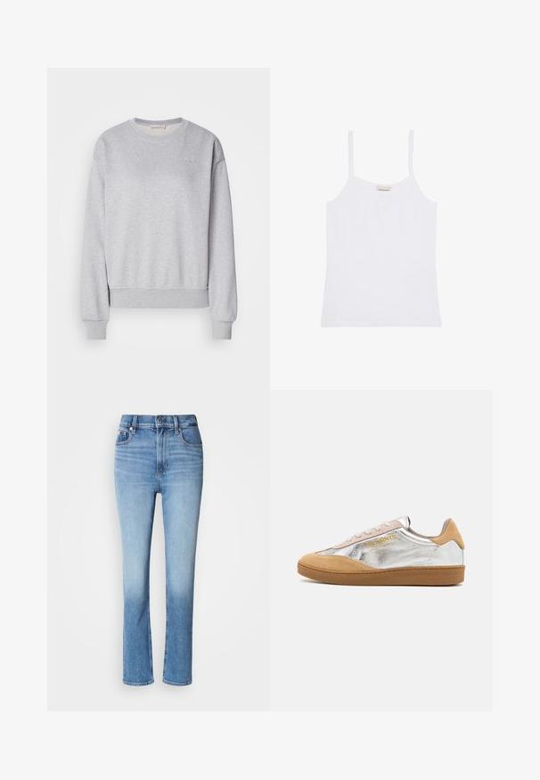 Grijze katoenen sweatshirt met lange mouwen, ronde hals, geribbelde manchetten en onderrand, met een subtiele geborduurde logo op de borst.; Witte Calvin Klein damestanktop met dunne schouderbandjes en een simpel, aansluitend ontwerp.; Blauwe denim jeans met hoge taille, rechtvallende pasvorm, vervaagde kleurverloop en vijf-pocketstijl. Metalen knoop en ritssluiting.; Zilveren en tan suède sneakers met een gestructureerde rubberen zool, beige veters en een gele logo-print aan de zijkant.
